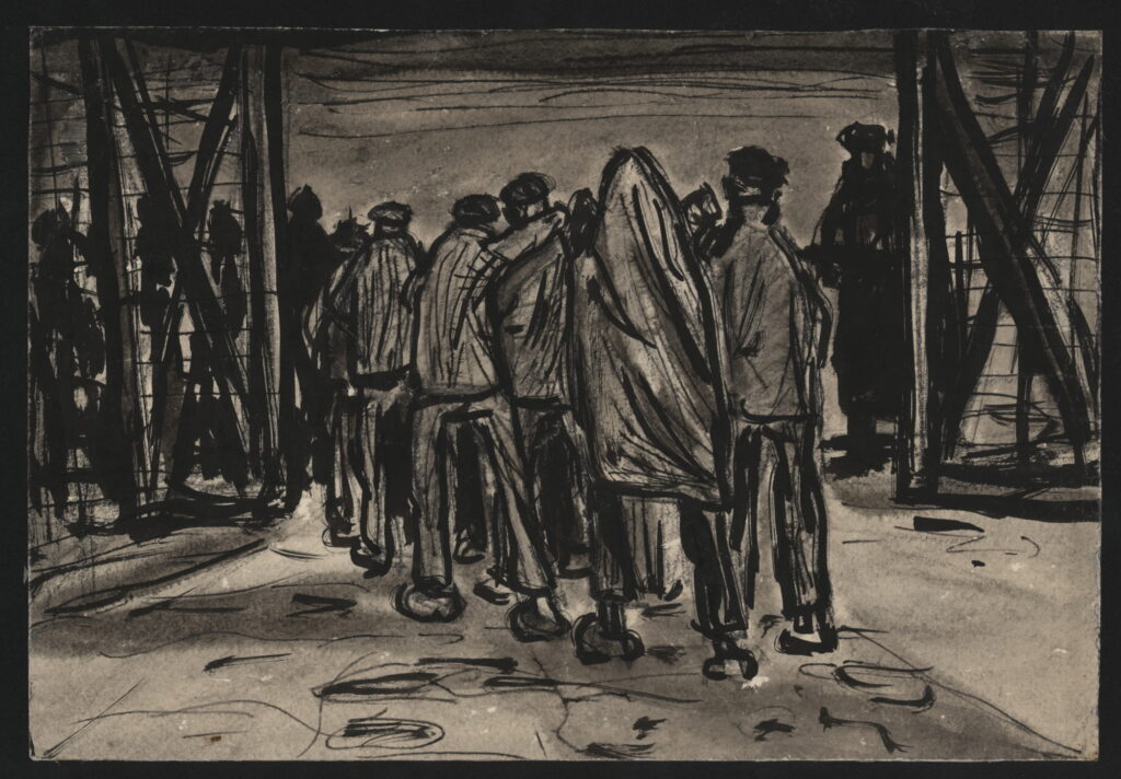 Czarnobiała grafika przedstawiająca wymaszerujących z obozu Stutthof więźniów. Dużo ludzi ubranych w pasiaki i koc.  